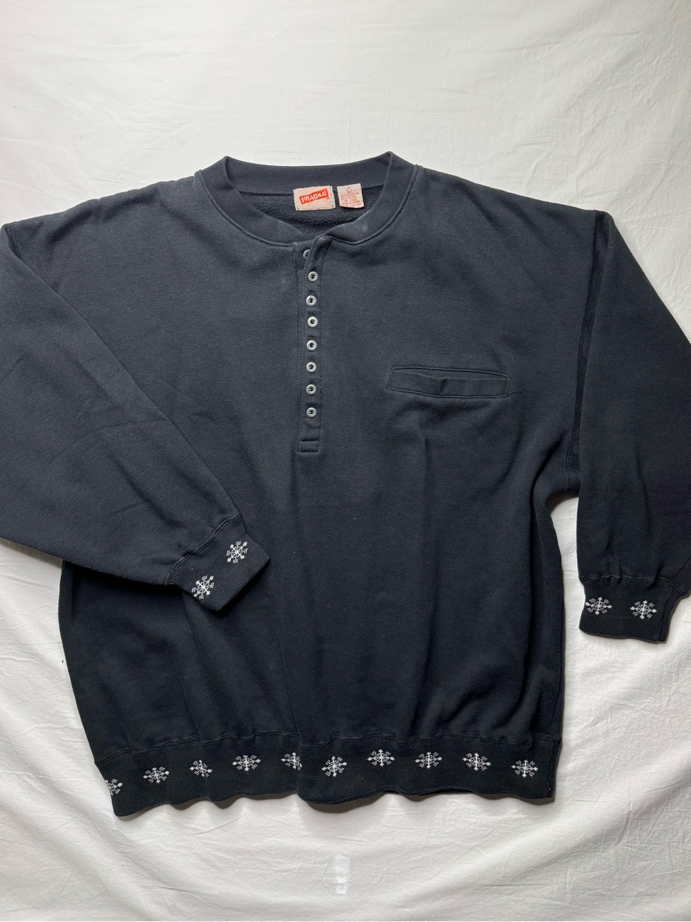 Fragile - Vintage Navy Blue Henley Sweatshirt with Snowflake Trim